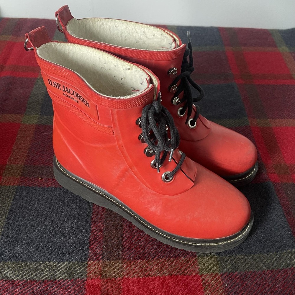 Ilse Jacobsen Rain Boots Womens 6.5 Red Rubber Lace Up Ankle Waterproof Lined